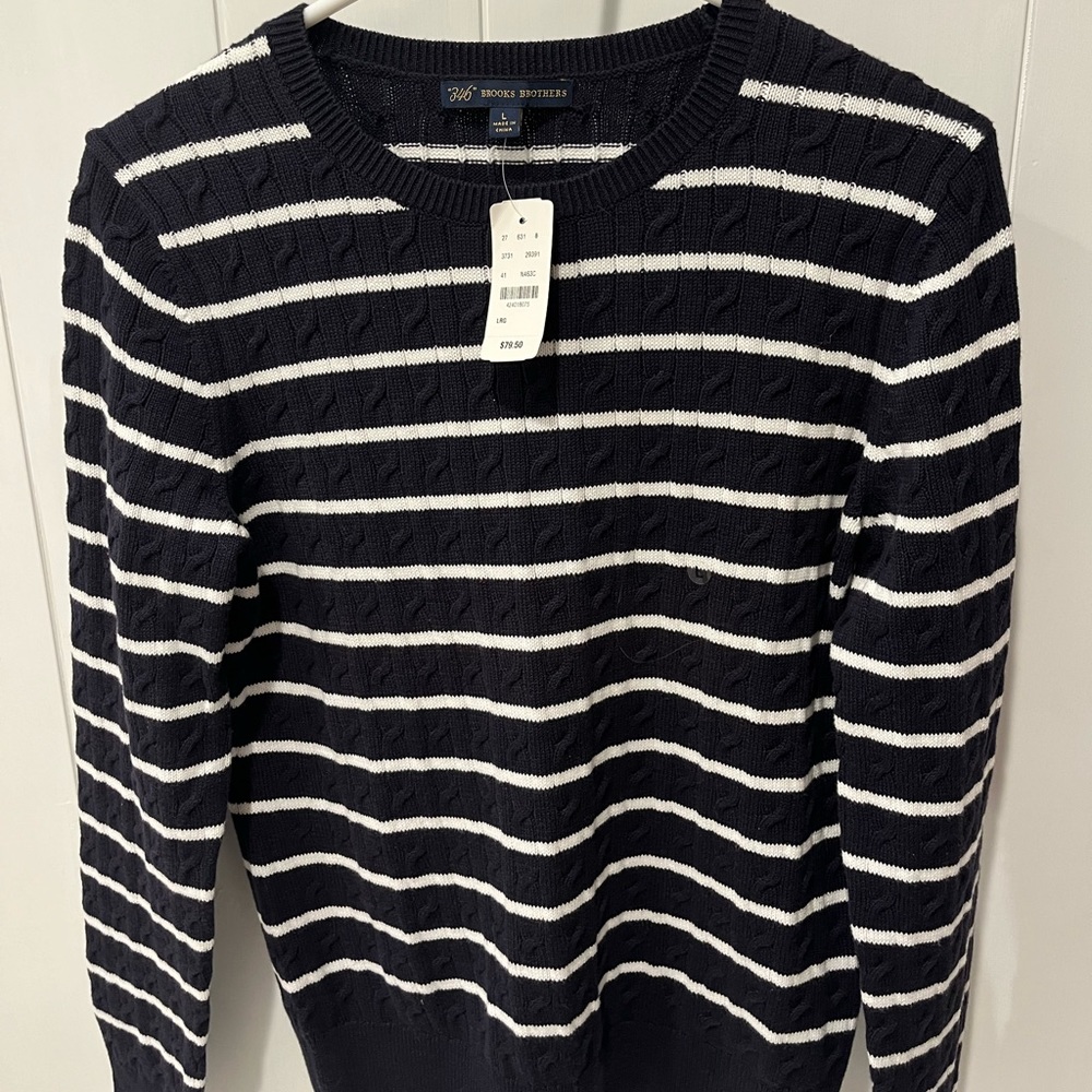 Brooks Brothers navy and white 100% cotton Cable knit LS sweater